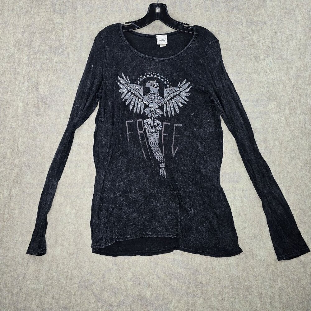 Daytrip Womens Black Long Sleeve Top Medium Rayon Blend Graphic Y2k